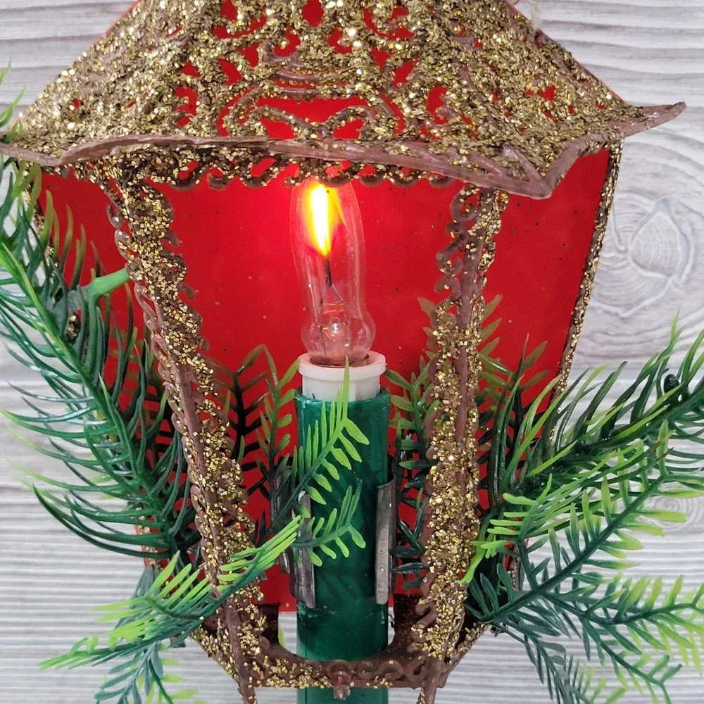 Beacon Electrified Christmas Lantern Vintage Red Green Gold Glitter E-15807